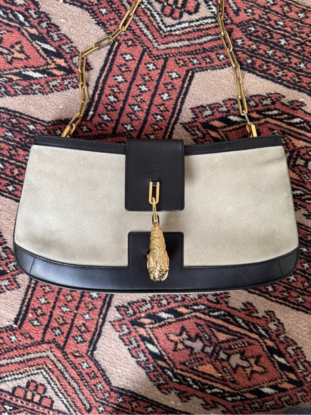 Vintage Tom Ford Gucci Gray Suede Black Leather Bag Lion’s Head Clasp Y2K